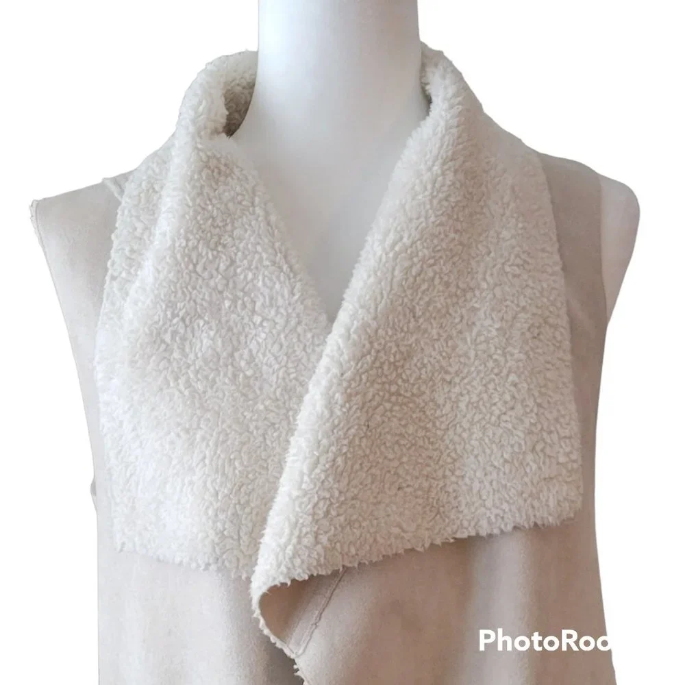 Faux Suede Sherpa Fleece Lined Boho Waterfall Open Front Vest with Pockets